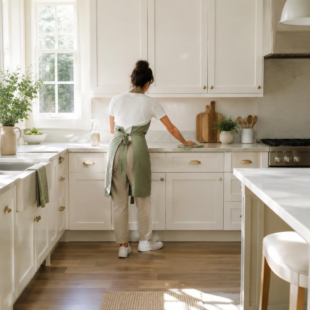 Cleaning professional polishing a kitchen countertop in a bright, spotless home