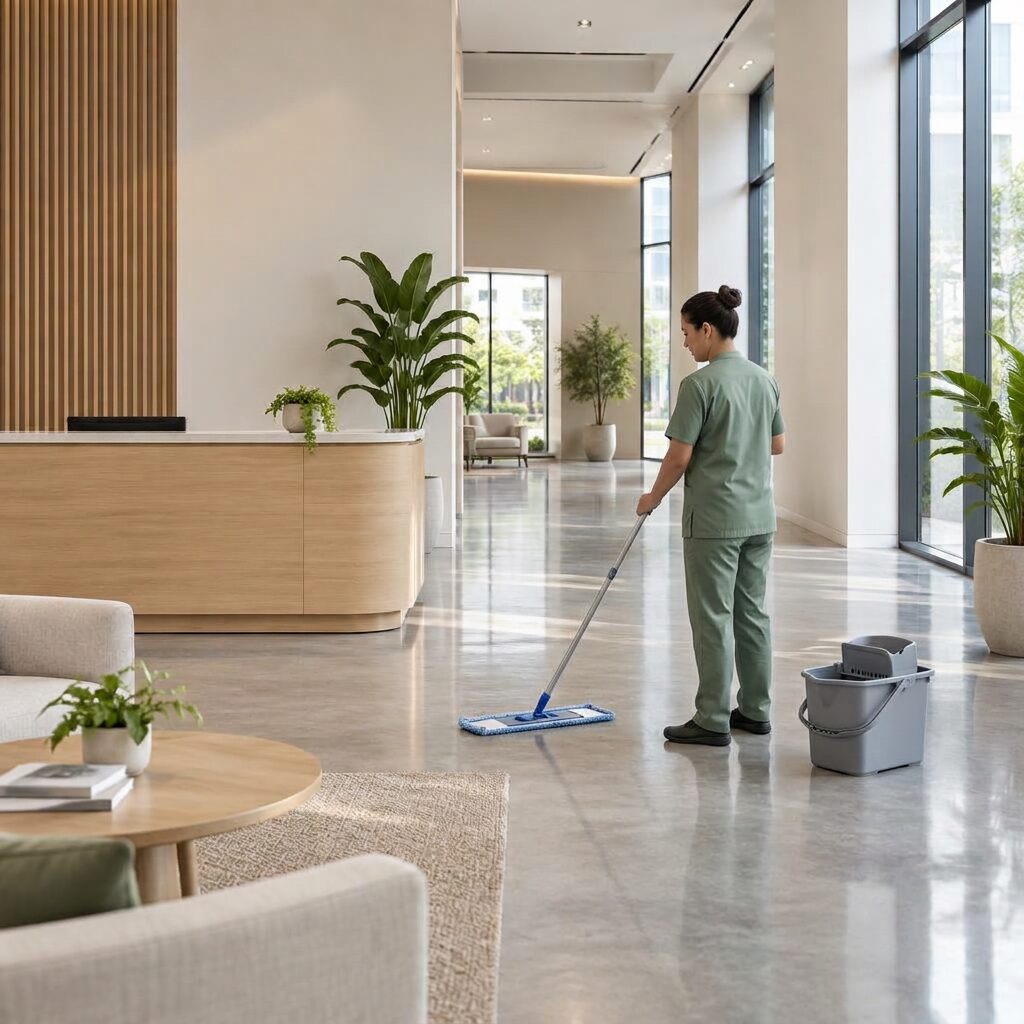 Cleaning professional mopping the floor of a bright, tidy office lobby